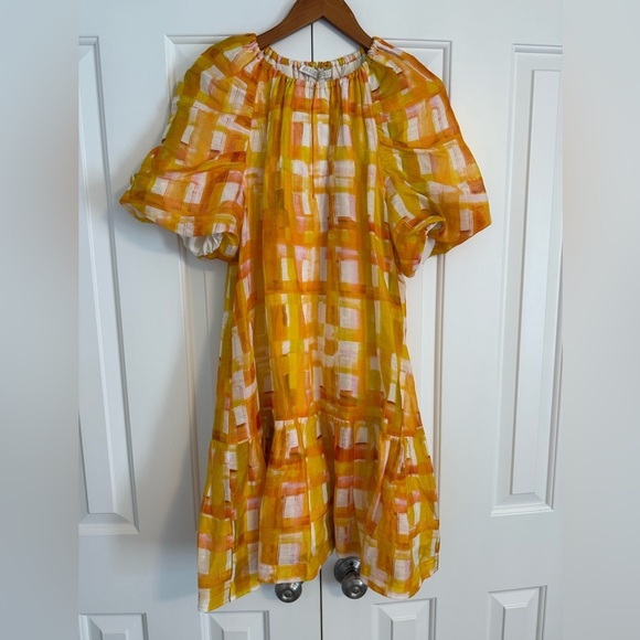 Marie Oliver Greta Puff Sleeves Golden Madras Mini Dress Sz Large - Picture 3 of 14